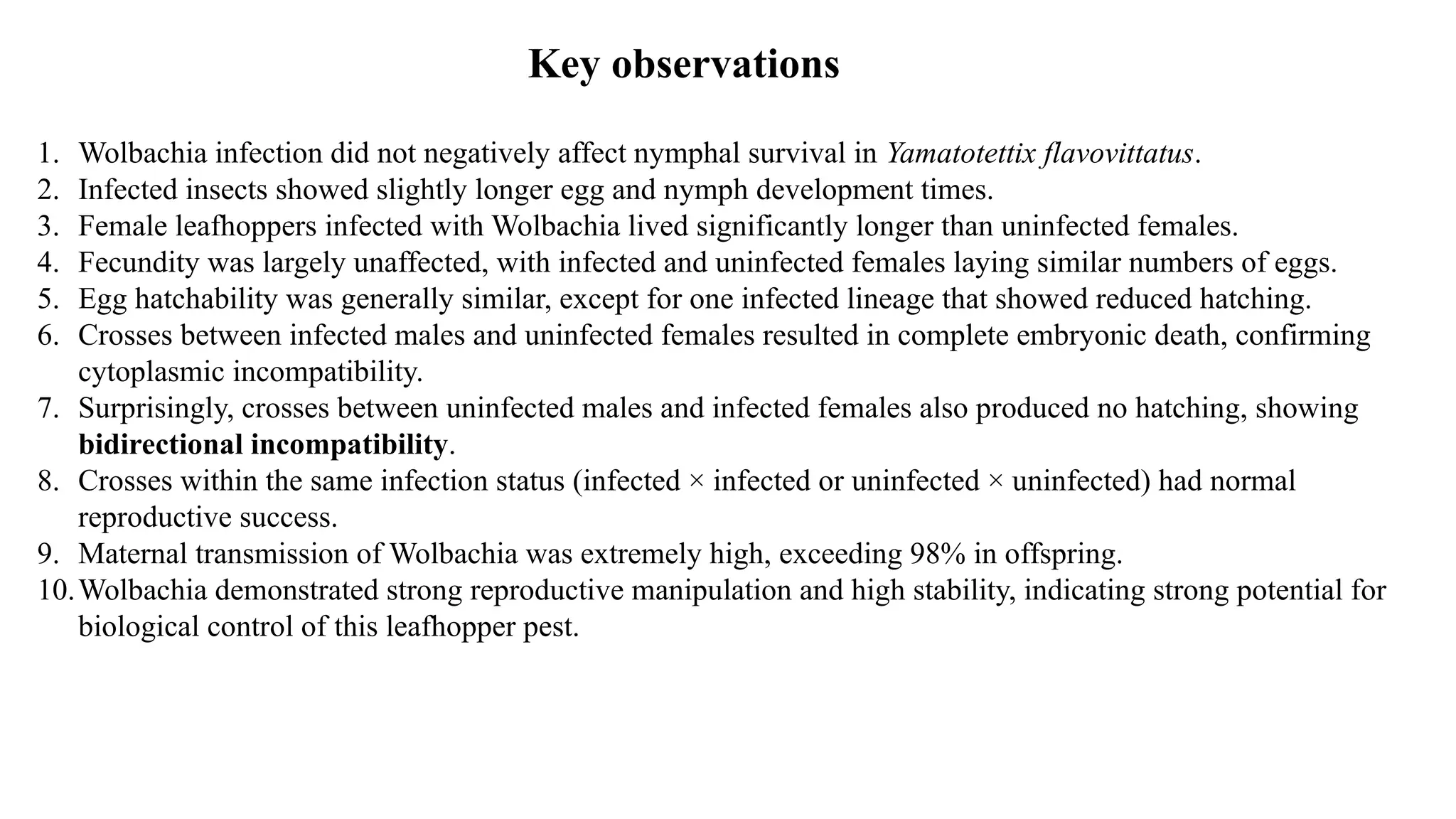 Key observations
1. Wolbachia infection did not negatively affect nymphal survival in Yamatotettix flavovittatus.
2. Infected insects showed slightly longer egg and nymph development times.
3. Female leafhoppers infected with Wolbachia lived significantly longer than uninfected females.
4. Fecundity was largely unaffected, with infected and uninfected females laying similar numbers of eggs.
5. Egg hatchability was generally similar, except for one infected lineage that showed reduced hatching.
6. Crosses between infected males and uninfected females resulted in complete embryonic death, confirming
cytoplasmic incompatibility.
7. Surprisingly, crosses between uninfected males and infected females also produced no hatching, showing
bidirectional incompatibility.
8. Crosses within the same infection status (infected × infected or uninfected × uninfected) had normal
reproductive success.
9. Maternal transmission of Wolbachia was extremely high, exceeding 98% in offspring.
10.Wolbachia demonstrated strong reproductive manipulation and high stability, indicating strong potential for
biological control of this leafhopper pest.
 