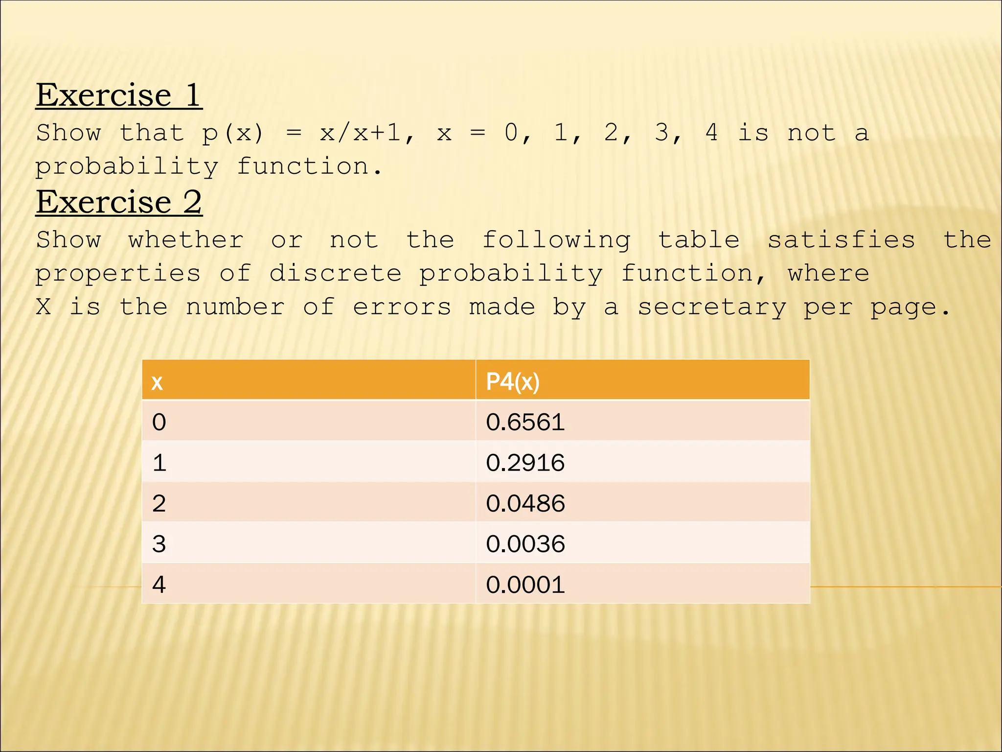Exercise 1
Show that p(x) = x/x+1, x = 0, 1, 2, 3, 4 is not a
probability function.
Exercise 2
Show whether or not the following table satisfies the
properties of discrete probability function, where
X is the number of errors made by a secretary per page.
x P4(x)
0 0.6561
1 0.2916
2 0.0486
3 0.0036
4 0.0001
 