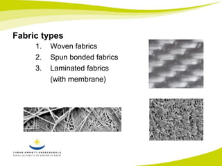 Fabric types 
1. Woven fabrics 
2. Spun bonded fabrics 
3. Laminated fabrics 
(with membrane) 
 