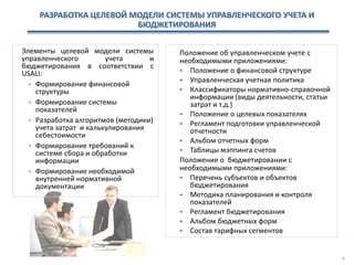 РАЗРАБОТКА ЦЕЛЕВОЙ МОДЕЛИ СИСТЕМЫ УПРАВЛЕНЧЕСКОГО УЧЕТА И
БЮДЖЕТИРОВАНИЯ
Элементы целевой модели системы
управленческого учета и
бюджетирования в соответствии с
USALI:
• Формирование финансовой
структуры
• Формирование системы
показателей
• Разработка алгоритмов (методики)
учета затрат и калькулирования
себестоимости
• Формирование требований к
системе сбора и обработки
информации
• Формирование необходимой
внутренней нормативной
документации
Положение об управленческом учете с
необходимыми приложениями:
 Положение о финансовой структуре
 Управленческая учетная политика
 Классификаторы нормативно-справочной
информации (виды деятельности, статьи
затрат и т.д.)
 Положение о целевых показателях
 Регламент подготовки управленческой
отчетности
 Альбом отчетных форм
 Таблицы мэппинга счетов
Положение о бюджетировании с
необходимыми приложениями:
 Перечень субъектов и объектов
бюджетирования
 Методика планирования и контроля
показателей
 Регламент бюджетирования
 Альбом бюджетных форм
 Состав тарифных сегментов
8
 