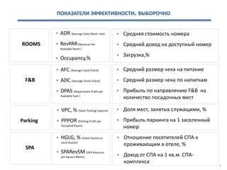 ПОКАЗАТЕЛИ ЭФФЕКТИВНОСТИ. ВЫБОРОЧНО
9
ROOMS
 ADR (Average Daily Room rate)
 RevPAR(Revenue Per
Available Room )
 Occupancy,%
 Средняя стоимость номера
 Средний доход на доступный номер
 Загрузка,%
F&B
 AFC (Average Food Check)
 ADC (Average Drink Check)
 DPAS (Department Profit per
Available Seat )
 Средний размер чека на питание
 Средний размер чека по напиткам
 Прибыль по направлению F&B на
количество посадочных мест
Parking
 VPC, % (Valet Parking Capture)
 PPPOR (Parking Profit per
Occupied Room)
 Доля мест, занятых служащими, %
 Прибыль паркинга на 1 заселенный
номер
SPA
 HGLG, % (Hotel Guests vs
Local Guests)
 SPARevSM (SPA Revenue
per Square Meter)
 Отношение посетителей СПА к
проживающим в отеле, %
 Доход от СПА на 1 кв.м. СПА-
комплекса
 