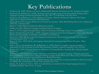 •
                           Key Publications
    Heathcote, D. (1980). Drama as Context, Huddersfield: National Association for the Teaching of English.
•   Heathcote, D., & Bolton, G. (1998). Teaching culture through drama. In M. Byram & M. Fleming (Eds.),
    Language Learning in Intercultural Perspective (pp. 158-177): Cambridge University Press.
•   Heathcote, D., & Bolton, G. (1995). Drama for Learning : Dorothy Heathcote's Mantle of the Expert
    Approach to Education Portmouth, NH Heinemann.
•   Heinig, R. B. (1993). Creative Drama for the Classroom Teacher / Ruth Beall Heinig (4th ed. ed.). Englewood
    Cliffs, N.J. :: Prentice Hall.
•   Byrne, C. (1989). Drama in Education: Words into Action
•   Holden, S. (1981). Drama in Language Teaching, Harlow:: Longman.
•   Parry, C. (1972). English through drama; A Way of Teaching. Cambridge, [Eng.]: University Press.
•   Byram, M., & Fleming, M. (Eds.). (1998). Language Learning in Intercultural Perspective: Approaches Through
    Drama and Ethnography Cambridge: Cambridge University Press.
•   Stern, S. L. (1980). Drama in Second Language Learning from a Psycholinguistic Perspective. Language
    Learning Journal, 30(1), 77-100.
•   Bräuer, G. (Ed.). (2002). Body and Language: Intercultural Learning through Drama Westport: Ablex
    Publishing.
•   Hall, A., Guy, I., Stortenbecker, W., & Whitaker, A. (1982). Drama in English-Language Teaching - 2
    Approaches At The University Level In West-Germany. [Article]. Applied Linguistics, 3(2), 144-160.
•   Wagner, B. J. (1999). Dorothy Heathcote: Drama as a Learning Medium. Portland, Me.: Calendar Islands
    Publishers.
•   Shimizu, T. (1993). Initial Experiences with Improvised Drama in English Teaching - Working against the
    Historical Neglect of Fluency in Language Learning in Japan. In M. Schewe & P. Shaw (Eds.), Towards Drama
    as a Method in the Foreign Language Classroom. Berlin: Peter Lang.
•   Stinson, M., & Freebody, K. (2006). The Dol project: The contributions of process drama to improved results
    in English oral communication. Youth Theatre Journal 20, 27-41.
•   Schewe, M., & Shaw, P. (Eds.). (1993). Towards drama as a method in the foreign language classroom
    Frankfurt am Main ; New York :: P. Lang.

                                    2012 National Chinese Language Conference, Washington DC, April 2012     11
 