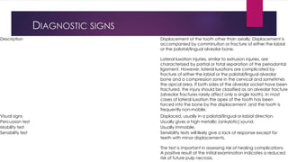 DIAGNOSTIC SIGNS
Description Displacement of the tooth other than axially. Displacement is
accompanied by comminution or fracture of either the labial
or the palatal/lingual alveolar bone.
Lateral luxation injuries, similar to extrusion injuries, are
characterized by partial or total separation of the periodontal
ligament. However, lateral luxations are complicated by
fracture of either the labial or the palatal/lingual alveolar
bone and a compression zone in the cervical and sometimes
the apical area. If both sides of the alveolar socket have been
fractured, the injury should be classified as an alveolar fracture
(alveolar fractures rarely affect only a single tooth). In most
cases of lateral luxation the apex of the tooth has been
forced into the bone by the displacement, and the tooth is
frequently non-mobile.
Visual signs Displaced, usually in a palatal/lingual or labial direction.
Percussion test Usually gives a high metallic (ankylotic) sound.
Mobility test Usually immobile.
Sensibility test Sensibility tests will likely give a lack of response except for
teeth with minor displacements.
The test is important in assessing risk of healing complications.
A positive result at the initial examination indicates a reduced
risk of future pulp necrosis.
 