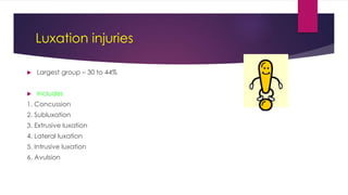 Luxation injuries
 Largest group – 30 to 44%
 Includes
1. Concussion
2. Subluxation
3. Extrusive luxation
4. Lateral luxation
5. Intrusive luxation
6. Avulsion
 