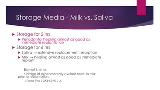 Storage Media - Milk vs. Saliva
 Storage for 2 hrs
 Periodontal healing almost as good as
immediate replantation
 Storage for 6 hrs
 Saliva  extensive replacement resorption
 Milk  healing almost as good as immediate
replant
Blomlof L, et al.
Storage of experimentally avulsed teeth in milk
prior to replantation.
J Dent Res 1983;62:912-6.
 
