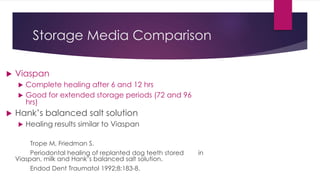 Storage Media Comparison
 Viaspan
 Complete healing after 6 and 12 hrs
 Good for extended storage periods (72 and 96
hrs)
 Hank’s balanced salt solution
 Healing results similar to Viaspan
Trope M, Friedman S.
Periodontal healing of replanted dog teeth stored in
Viaspan, milk and Hank’s balanced salt solution.
Endod Dent Traumatol 1992;8:183-8.
 