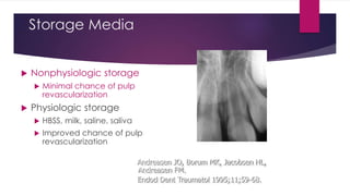 Storage Media
 Nonphysiologic storage
 Minimal chance of pulp
revascularization
 Physiologic storage
 HBSS, milk, saline, saliva
 Improved chance of pulp
revascularization
Andreasen JO, Borum MK, Jacobsen HL,
Andreasen FM.
Endod Dent Traumatol 1995;11;59-68.
 