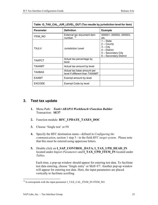 R/3 Tax Interface Configuration Guide

Release 4.6x

Table: O_TAX_CAL_JUR_LEVEL_OUT (Tax results by jurisdiction level for item)
Parameter

Example

ITEM_NO

External tax document item
number. 16

TXJLV

Jurisdiction Level

000001, 000002, 000003,
etc.
1 – State
2 – County
3 – City
4 – District
5 – Secondary City
6 – Secondary District

TAXPCT

Actual tax percentage by
level

TAXAMT

Actual tax amount by level

TAXBAS

Actual tax base amount per
level if different than TAXAMT

EXAMT

Exempt amount by level

EXCODE

3.

Definition

Exempt Code by level

Test tax update
1.

Menu Path: Tools>ABAP/4 Workbench>Function Builder
Transaction: SE37

2.

Function module: RFC_UPDATE_TAXES_DOC

3.

Choose ‘Single test’ or F8

4.

Specify the RFC destination name - defined in Configuring the
communication, section 1 step 3 - in the field RFC target system. Please note
that this must be entered using uppercase letters.

5.

Double click on I_SAP_CONTROL_DATA, I_TAX_UPD_HEAD_IN
located under Import Parameters and I_TAX_UPD_ITEM_IN located under
Tables.
Each time, a pop-up window should appear for entering test data. To facilitate
test data entering, choose ‘Single entry’ or Shift+F7. Another pop-up window
will appear for entering test data. Here, the input parameters are placed
vertically to facilitate scrolling.

16

It corresponds with the input parameter I_TAX_CAL_ITEM_IN-ITEM_NO

SAP Labs, Inc. – Tax Interface Group

23

 