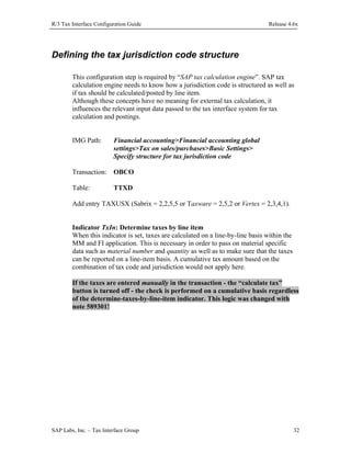 R/3 Tax Interface Configuration Guide

Release 4.6x

Defining the tax jurisdiction code structure
This configuration step is required by “SAP tax calculation engine”. SAP tax
calculation engine needs to know how a jurisdiction code is structured as well as
if tax should be calculated/posted by line item.
Although these concepts have no meaning for external tax calculation, it
influences the relevant input data passed to the tax interface system for tax
calculation and postings.
IMG Path:

Financial accounting>Financial accounting global
settings>Tax on sales/purchases>Basic Settings>
Specify structure for tax jurisdiction code

Transaction: OBCO
Table:

TTXD

Add entry TAXUSX (Sabrix = 2,2,5,5 or Taxware = 2,5,2 or Vertex = 2,3,4,1).
Indicator TxIn: Determine taxes by line item
When this indicator is set, taxes are calculated on a line-by-line basis within the
MM and FI application. This is necessary in order to pass on material specific
data such as material number and quantity as well as to make sure that the taxes
can be reported on a line-item basis. A cumulative tax amount based on the
combination of tax code and jurisdiction would not apply here.
If the taxes are entered manually in the transaction - the “calculate tax”
button is turned off - the check is performed on a cumulative basis regardless
of the determine-taxes-by-line-item indicator. This logic was changed with
note 589301!

SAP Labs, Inc. – Tax Interface Group

32

 