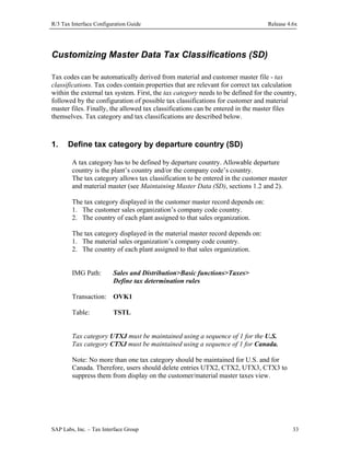 R/3 Tax Interface Configuration Guide

Release 4.6x

Customizing Master Data Tax Classifications (SD)
Tax codes can be automatically derived from material and customer master file - tax
classifications. Tax codes contain properties that are relevant for correct tax calculation
within the external tax system. First, the tax category needs to be defined for the country,
followed by the configuration of possible tax classifications for customer and material
master files. Finally, the allowed tax classifications can be entered in the master files
themselves. Tax category and tax classifications are described below.

1.

Define tax category by departure country (SD)
A tax category has to be defined by departure country. Allowable departure
country is the plant’s country and/or the company code’s country.
The tax category allows tax classification to be entered in the customer master
and material master (see Maintaining Master Data (SD), sections 1.2 and 2).
The tax category displayed in the customer master record depends on:
1. The customer sales organization’s company code country.
2. The country of each plant assigned to that sales organization.
The tax category displayed in the material master record depends on:
1. The material sales organization’s company code country.
2. The country of each plant assigned to that sales organization.
IMG Path:

Sales and Distribution>Basic functions>Taxes>
Define tax determination rules

Transaction: OVK1
Table:

TSTL

Tax category UTXJ must be maintained using a sequence of 1 for the U.S.
Tax category CTXJ must be maintained using a sequence of 1 for Canada.
Note: No more than one tax category should be maintained for U.S. and for
Canada. Therefore, users should delete entries UTX2, CTX2, UTX3, CTX3 to
suppress them from display on the customer/material master taxes view.

SAP Labs, Inc. – Tax Interface Group

33

 