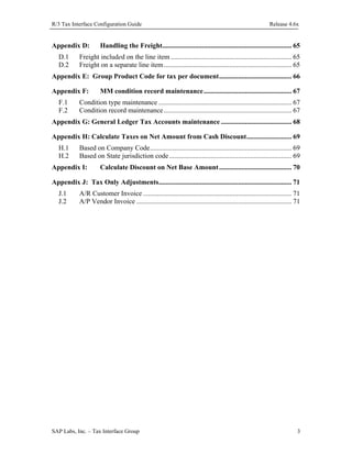 R/3 Tax Interface Configuration Guide

Appendix D:
D.1
D.2

Release 4.6x

Handling the Freight........................................................................... 65

Freight included on the line item ...................................................................... 65
Freight on a separate line item .......................................................................... 65

Appendix E: Group Product Code for tax per document.......................................... 66
Appendix F:
F.1
F.2

MM condition record maintenance................................................... 67

Condition type maintenance ............................................................................. 67
Condition record maintenance .......................................................................... 67

Appendix G: General Ledger Tax Accounts maintenance ......................................... 68
Appendix H: Calculate Taxes on Net Amount from Cash Discount.......................... 69
H.1
H.2

Based on Company Code.................................................................................. 69
Based on State jurisdiction code ....................................................................... 69

Appendix I:

Calculate Discount on Net Base Amount .......................................... 70

Appendix J: Tax Only Adjustments............................................................................. 71
J.1
J.2

A/R Customer Invoice ...................................................................................... 71
A/P Vendor Invoice .......................................................................................... 71

SAP Labs, Inc. – Tax Interface Group

3

 