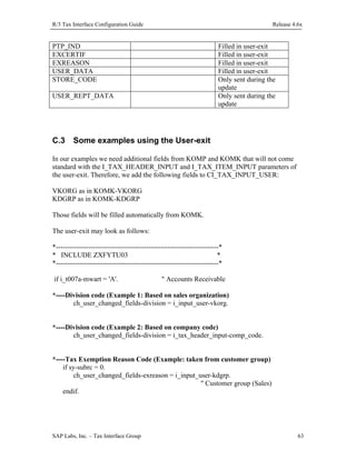 R/3 Tax Interface Configuration Guide

Release 4.6x

PTP_IND
EXCERTIF
EXREASON
USER_DATA
STORE_CODE

Filled in user-exit
Filled in user-exit
Filled in user-exit
Filled in user-exit
Only sent during the
update
Only sent during the
update

USER_REPT_DATA

C.3

Some examples using the User-exit

In our examples we need additional fields from KOMP and KOMK that will not come
standard with the I_TAX_HEADER_INPUT and I_TAX_ITEM_INPUT parameters of
the user-exit. Therefore, we add the following fields to CI_TAX_INPUT_USER:
VKORG as in KOMK-VKORG
KDGRP as in KOMK-KDGRP
Those fields will be filled automatically from KOMK.
The user-exit may look as follows:
*----------------------------------------------------------------------*
* INCLUDE ZXFYTU03
*
*----------------------------------------------------------------------*
if i_t007a-mwart = 'A'.

" Accounts Receivable

*----Division code (Example 1: Based on sales organization)
ch_user_changed_fields-division = i_input_user-vkorg.
*----Division code (Example 2: Based on company code)
ch_user_changed_fields-division = i_tax_header_input-comp_code.
*----Tax Exemption Reason Code (Example: taken from customer group)
if sy-subrc = 0.
ch_user_changed_fields-exreason = i_input_user-kdgrp.
" Customer group (Sales)
endif.

SAP Labs, Inc. – Tax Interface Group

63

 
