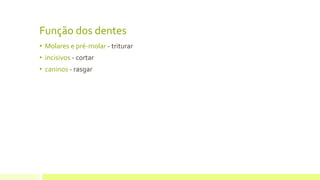 Função dos dentes
• Molares e pré-molar - triturar
• incisivos - cortar
• caninos - rasgar
 