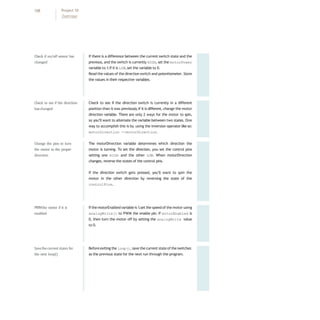 If there is a difference between the current switch state and the
previous, and the switch is currently HIGH, set the motorPower
variable to 1.If it is LOW,set the variable to 0.
Read the values of the direction switch and potentiometer. Store
the values in their respective variables.
Check to see if the direction switch is currently in a different
position than it was previously.If it is different, change the motor
direction variable. There are only 2 ways for the motor to spin,
so you’ll want to alternate the variable between two states. One
way to accomplish this is by using the inversion operator like so:
motorDirection =!motorDirection.
The motorDirection variable determines which direction the
motor is turning. To set the direction, you set the control pins
setting one HIGH and the other LOW. When motorDirection
changes, reverse the states of the control pins.
If the direction switch gets pressed, you’ll want to spin the
motor in the other direction by reversing the state of the
controlPins.
If the motorEnabled variable is 1,set the speed of the motor using
analogWrite() to PWM the enable pin. If motorEnabled is
0, then turn the motor off by setting the analogWrite value
to 0.
Beforeexiting the loop(), save the current stateof the switches
as the previous state for the next run through the program.
Check if on/off sensor has
changed
Check to see if the direction
haschanged
Change the pins to turn
the motor in the proper
direction
PWMthe motor if it is
enabled
Savethecurrent states for
the next loop()
108 Project 10
Zoetrope
 