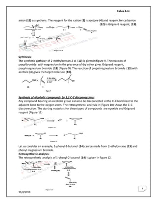 Rabia Aziz
11/8/2018
8
anion (12) as synthons. The reagent for the cation (2) is acetone (4) and reagent for carbanion
(12) is Grignard reagent, (13).
Synthesis:
The synthetic pathway of 2-methylpentan-2-ol (10) is given in figure 9. The reaction of
propylbromide with magnesium in the presence of dry ether gives Grignard reagent,
propylmagnesium bromide (13) (Figure 9). The reaction of propylmagnesium bromide (13) with
acetone (4) gives the target molecule (10).
Synthesis of alcoholic compounds by 1,2 C-C disconnections:
Any compound bearing an alcoholic group can also be disconnected at the C-C bond next to the
adjacent bond to the oxygen atom. The retrosynthetic analysis in (Figure 10) shows the C-C
disconnection. The starting materials for these types of compounds are epoxide and Grignard
reagent (Figure 11).
Let us consider an example, 1-phenyl-2-butanol (14) can be made from 2-ethyloxirane (15) and
phenyl magnesium bromide.
Retrosynthetic analysis:
The retrosynthetic analysis of 1-phenyl-2-butanol (14) is given in figure 12.
 