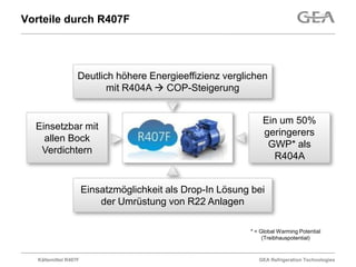 Vorteile durch R407F




                   Deutlich höhere Energieeffizienz verglichen
                          mit R404A  COP-Steigerung


                                                                Ein um 50%
  Einsetzbar mit
                                                                geringerers
    allen Bock
                                                                 GWP* als
   Verdichtern
                                                                   R404A


                       Einsatzmöglichkeit als Drop-In Lösung bei
                           der Umrüstung von R22 Anlagen

                                                            * = Global Warming Potential
                                                                 (Treibhauspotential)


   Kältemittel R407F                                           GEA Refrigeration Technologies
 