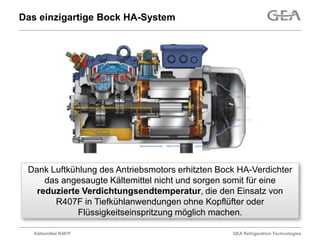 Das einzigartige Bock HA-System




 Dank Luftkühlung des Antriebsmotors erhitzten Bock HA-Verdichter
     das angesaugte Kältemittel nicht und sorgen somit für eine
   reduzierte Verdichtungsendtemperatur, die den Einsatz von
       R407F in Tiefkühlanwendungen ohne Kopflüfter oder
             Flüssigkeitseinspritzung möglich machen.

  Kältemittel R407F                               GEA Refrigeration Technologies
 