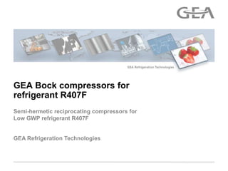 GEA Bock compressors for
refrigerant R407F
Semi-hermetic reciprocating compressors for
Low GWP refrigerant R407F


GEA Refrigeration Technologies
 