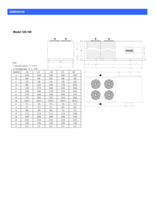 Model 120-190
R
Q
P
S
T
Note:
1, Unit fixed hole 4 × φ16.5
2, Unit single hole 4 × φ60
MODEL 120 130 150 170 190
A 4700 5200 5500 5800 5870
B 800 800 800 800 800
C 160 160 160 160 160
D 800 1622 1300 1350 2070
E 3100 2778 3400 3650 3000
F 1590 1640 1720 1720 2010
G 2750 2846 3046 3046 3383
H 1755 2054 2354 2654 2300
M 3288.5 3438.5 3788.5 3938.5 4036.5
L 723 723 723 718 718
J 813 813 813 650 650
N 400 400 400 718 718
P 1214 1214 1214 1214 1500
Q 2000 2000 2000 2000 2040
R 2230 2230 2230 2230 2230
S 1590 1590 1590 1590 1790
T 215 215 215 215 215
DIMENSION
 