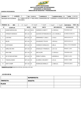 474
1
DOMINGO
893 1800
01:00 P.M.
HORA:
DISTANCIA: Mts.
Bs.
H.L. CABALLOS DE 4 Y MAS AÑOS, GANADORES DE 1 CARRERA. (A EXCE...