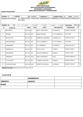 475
2
DOMINGO
717 1100
01:20 P.M.
HORA:
DISTANCIA: Mts.
Bs.
H.L. CABALLOS DE 6 Y MAS AÑOS, GANADORES DE 2 CARRERAS. (A EXC...