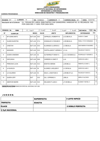 481
8
DOMINGO
1084 1300
03:30 P.M.
HORA:
DISTANCIA: Mts.
Bs.
H.L. YEGUAS DE 3 AÑOS, DEBUTANTES O NO GANADORAS. HANDICAP KG...