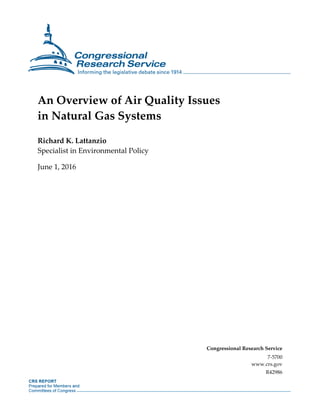 An Overview of Air Quality Issues
in Natural Gas Systems
Richard K. Lattanzio
Specialist in Environmental Policy
June 1, 2016
Congressional Research Service
7-5700
www.crs.gov
R42986
 