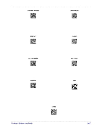 AUSTRALIA POST                                               JAPAN POST

                    AODKCIHOFNGNENEIEPANHOGOCK                                 AODOGMHOFNGNENEIEPANHOGOCK
                    AHPNIBAMDKEOFMHMLJALFGCFIK                                 AHPNIBAMDKEOFMHMLJALFAFFIK
                    AKCBPJCJGIIJCMCEGLIMNBALPK                                 AKCBPJCJGIIJCMCFGPJIAAMJNK
                    AEFBJLBGMHPLNOFGFJJCKGKFGK                                 AEFBJLBGMHPKNNEACENHBMMEGK
                    AAPHBAJIDABENPAPEMDDNCCFFK                                 AAPHBAJJDBGOBGIKACNAEBJLFK
                    AHKFALNAFKGIAGGEOBGGIPBLIK                                 AGKFAOJAPKIACNGFKADAAGOKJK
                    DLLLLLDLDDLLLLLDLDLDDLDLLL                                 DLDLLDDLDLLLLLLDLLDDDLDLDL




                    POSTNET                                                    PLANET

                    AODOCMHOFNGNENEIEPANHOGOCK                                 AODOGIHOFNGNENEIEPANHOGOCK
                    AHPNIBAMDKEOFMHMLJALFGDFIK                                 AHPNIBAMDKEOFMHMLJAKFCDHIK
                    AKCBPJCJGIIJCMCFGKOBPGJDPK                                 AKCBPJCJGIIJCMCEGIPPHOCLPK
                    AEFBJLBGMHPKMKHECAEIMFBHGK                                 AEFBJLBGMHPKNNDHIFLPGKGFGK
                    AAPHBAJJCFEPOHLFNBCPNJFLHK                                 AAPHBAJIDEBEBJPJHENPKJDBFK
                    AFKFAPKLNFECMHECFGHKIDDIJK                                 AHLFAKLLIJBKIBPLBOHEKFLLKK
                    DDLLLDDLLDDLLLLDLLLDDLDLLL                                 DLLLLDDLLLDLLLLDDDDDDLDLLL




                  GS1 DATABAR                                                  KIX CODE

                    AODOCIHOFNGNENEIEPANHOGOCK                                 AODKGMHOFNGNENEIEPANHOGOCK
                    AHPNIBAMDKEOFMHMLJAKFEFHIK                                 AHPNIBAMDKEOFMHMLJALEFBGIK
                    AKCBPJCJGIIJCMCEGNIGIIHBNK                                 AKCBPJCJGIIJCMCFGLIFHDGDNK
                    AEFBJLBGMHPKMKADIBCALDLGGK                                 AEFBJLBGMHPLNNABGNECGBHGGK
                    AAPHBAJICADFOIMGKHCADBPBHK                                 AAPHBAJICAHBBFGPENKGMHOBDK
                    AELFALIAKGNIGLNMOIDOCAGJKK                                 AGLFANKCBKMOEPJFNGIIAIMLKK
                    DDDLLDDLDDLLLLLDDDLDDLDLDL                                 DDDLLDDLDDDLLLLDDDLDDLDLLL




                    RM4SCC                                                            IMB

                    AODKGIHOFNGNENEIEPANHOGOCK
                    AHPNIBAMDKEOFMHMLJAKEHHEIK
                    AKCBPJCJGIIJCMCEGMOCANIBPK
                    AEFBJLBGMHPLNNHGMMCKBHNHGK
                    AAPHBAJJCFALBKBMDLKJCPELDK
                    AHKFAJIJGJFEODALGIMMKLJKJK
                    DDLLLDDLLDLLLLLDLLLDDLDLDL




                                                   AZTEC

                                                 AODKCMHOFNGNENEIEPANHOGOCK
                                                 AHPNIBAMDKEOFMHMLJAKFEEHIK
                                                 AKCBPJCJGIIJCMCFGMOLKPOJNK
                                                 AEFBJLBGMHPLNOCBPIPKNAAEGK
                                                 AAPHBAJJDFGONAHMDKDMDKIPFK
                                                 AGLFAPPLCJPCKKPKFPCCCMEKLK
                                                 DLDLLLDLLDDLLLLDDLLDDLDLDL




Product Reference Guide                                                                                     147
 