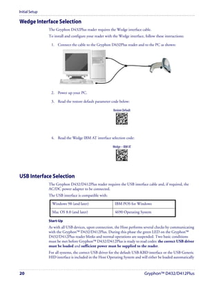 Initial Setup

Wedge Interface Selection
                The Gryphon D432Plus reader requires the Wedge interface cable.
                To install and configure your reader with the Wedge interface, follow these instructions:

                 1. Connect the cable to the Gryphon D432Plus reader and to the PC as shown:




                 2. Power up your PC.

                 3. Read the restore default parameter code below:

                                                          Restore Default
                                                            AMHKGPAOFNGNENEIEPANHOGOCK
                                                            AHHPMBAMDKEOFMHMLJALECHGIK
                                                            AKCBPJCJGIIJCMCFGPLCMMMNLK
                                                            AEFBJLBGMHPKMOGNKKNDPDMGGK
                                                            AAPHBAJIDGHPOJKEFPNCEACBHK
                                                            AFKFBKNGLGMOMELLGOPCMJFKIK
                                                            DDDDLDLLLDDLLLLDDDLDDLDLDL




                 4. Read the Wedge IBM AT interface selection code:

                                                          Wedge – IBM AT
                                                            AMHKHMFOHNGNENEIEPANHOGOCK
                                                            AGPEPJAMDKEOFMHMLJALFAEHKK
                                                            AEONPJCJGIIJCMCEHPLLHLPPJK
                                                            AIFBJLBGMHPLNPDFHGDGFIBDOK
                                                            AAPHBAJJCGCOPJDIMBCEANODDK
                                                            AFKFBPPJPJCAALOIKIECIPIKLK
                                                            DDLDLDLDDLDLLLLDDDDDDLDLDL




USB Interface Selection
                The Gryphon D432/D412Plus reader requires the USB interface cable and, if required, the
                AC/DC power adapter to be connected.
                The USB interface is compatible with:

                  Windows 98 (and later)                   IBM POS for Windows

                  Mac OS 8.0 (and later)                   4690 Operating System

                Start-Up
                As with all USB devices, upon connection, the Host performs several checks by communicating
                with the Gryphon D432/D412Plus. During this phase the green LED on the Gryphon
                D432/D412Plus reader blinks and normal operations are suspended. Two basic conditions
                must be met before Gryphon D432/D412Plus is ready to read codes: the correct USB driver
                must be loaded and sufficient power must be supplied to the reader.
                For all systems, the correct USB driver for the default USB-KBD interface or the USB Generic
                HID interface is included in the Host Operating System and will either be loaded automatically



20                                                                                       Gryphon™ D432/D412Plus
 
