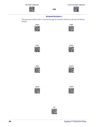 Enter Reader Configuration                                                                              Exit and Save Reader Configuration
                 AMHKGMHOFNGNENEIEPANHOGOCK                                                                                                AMHKCMHOFNGNENEIEPANHOGOCK
                 AHPNIBAMDKEOFMHMLJALFCAFIK                                                                                                AHPNIBAMDKEOFMHMLJALFEGFIK
                 AKCBPJCJGIIJCMCEGOODCCEDJK                                                                                                AKCBPJCJGIIJCMCEGLJKNEBJLK
                 AEFBJLBGMHPLNPGLABJHFIAEGK
                 AAPHBAJICCBGBIAFNLNLLAINDK
                                                                                      USB                                                  AEFBJLBGMHPLMIFPAFAIIBNHGK
                                                                                                                                           AAPHBAJIDGDHOJDKAICECIENBK
                 AFLFBPPCOIHKILNFFOCKOLJILK                                                                                                AGLFBOMJMHLIGBPCKIGAGOEKLK
                 DLDDLDDLDDLLLLLDDDLDDLDLLL                                                                                                 DDLDLDDLLLDLLLLDDDDDDLDLDL




                                                                           KEYBOARD NATIONALITY
     This parameter default value is restored through the Interface Selection code and not Restore
     Default.
                                                 Belgian                                                               English
                                              AOAPCOGMHNGNENEIEPANHOGOCK                                           AOAPCOHMHNGNENEIEPANHOGOCK
                                              AHHPMJIMDKEOFMHMLJAKFFAHIK                                           AHHPEJAMDKEOFMHMLJAKFHDHIK
                                              AKCBPJCJGIIJCMCEHIJFLFPNPK                                           AKCBPJCJGIIJCMCFHOLALHANNK
                                              AEFBJLBGMHPLMLHCHGLKEBCFGK                                           AEFBJLBGMHPKNMBNBAOPGAAHGK
                                              AAPHBAJJDECOEEAFHDAPIFOFDK                                           AAPHBAJJDEENOKPFEHEHOGPPDK
                                              AHLFAKJGEAHOKMOLCCDMAIBLKK                                           AFKFAIKNBNHCIHKEKNKACHIKLK
                                              DDLLLDLDLDLLLLLDDDLDDLDLLL                                           DLLLLDLDDDDLLLLDLLLDDLDLLL




                                                  French                                                              German
                                              AOAPCOHMHNGNENEIEPANHOGOCK                                           AOAPCOHMHNGNENEIEPANHOGOCK
                                              AHHPMBAMDKEOFMHMLJAKEGEEIK                                           AHHPEJIMDKEOFMHMLJALECDFIK
                                              AKCBPJCJGIIJCMCEHNLKFOILPK                                           AKCBPJCJGIIJCMCEGIPLDFPPJK
                                              AEFBJLBGMHPKNIFAFLCFLINEGK                                           AEFBJLBGMHPLMMGJMCHHCMJFGK
                                              AAPHBAJICADLHAGDGAMCHONBHK                                           AAPHBAJICAAFOPBHBIFGAPABHK
                                              AFLFAKLAHMBAEDPAOIGIGABILK                                           AGKFALMOEEECOKOMHKMAGCHKKK
                                              DLDLLDLDDDDLLLLDDLDDDLDLDL                                           DLLLLDLDDDDLLLLDDLLDDLDLLL




                                                   Italian                                                          Japanese
                                              AOAPCOHMHNGNENEIEPANHOGOCK                                           AOAPCOGMHNGNENEIEPANHOGOCK
                                              AHHPMBIMDKEOFMHMLJALFDEGIK                                           AHHPMJAMDKEOFMHMLJALEAAFIK
                                              AKCBPJCJGIIJCMCFGLPBNMHJLK                                           AKCBPJCJGIIJCMCFGONODHAPLK
                                              AEFBJLBGMHPLMICEIJLNPEEGGK                                           AEFBJLBGMHPKNLAGKECCANLHGK
                                              AAPHBAJJDEHDHFIBDPNDJHCPDK                                           AAPHBAJICAGGEBOHCMBOGMBLHK
                                              AGLFAJNDCFCACOLIDPAICFOIKK                                           AELFAJPFBJEOMBKDPFFMENOLLK
                                              DLDLLDLDDDDLLLLDLLDDDLDLDL                                           DDLLLDLDLDLLLLLDLDLDDLDLLL




                                                 Spanish                                                             Swedish
                                              AOAPCOHMHNGNENEIEPANHOGOCK                                           AOAPCOHMHNGNENEIEPANHOGOCK
                                              AHHPEBAMDKEOFMHMLJALEEBGIK                                           AHHPEBIMDKEOFMHMLJAKFBBEIK
                                              AKCBPJCJGIIJCMCEHJMHJKEBPK                                           AKCBPJCJGIIJCMCFGPIMBILDLK
                                              AEFBJLBGMHPLMLBNDHALIKCEGK                                           AEFBJLBGMHPKNLGJOFJDMGLGGK
                                              AAPHBAJIDDECLGLIPFBKGHGDBK                                           AAPHBAJJCHAKLDFKKKALIOJNFK
                                              AHKFAONHICHEEAKJNPLMOLALIK                                           AEKFANLENLEECNOBAINMKOPLJK
                                              DLLLLDLDDDDLLLLDLLLDDLDLLL                                           DLLLLDLDDDDLLLLDDLLDDLDLLL




                                                                                         USA
                                                                                  AOAPCOHMHNGNENEIEPANHOGOCK
                                                                                  AHHPMJAMDKEOFMHMLJALFFGFIK
                                                                                  AKCBPJCJGIIJCMCFHKMNHDMHNK
                                                                                  AEFBJLBGMHPLMPFAHMMBFCPHGK
                                                                                  AAPHBAJJCHDECMCONCJPPPENFK
                                                                                  AHLFAMMKODBGIEPNJKHEKMJJIK
                                                                                  DLDLLDLDDDDLLLLDDLDDDLDLDL




38                                                                                                             Gryphon™ D432/D412Plus
 
