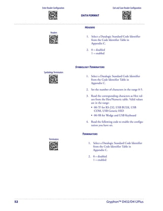 Enter Reader Configuration                                          Exit and Save Reader Configuration
            AMHKGMHOFNGNENEIEPANHOGOCK                                              AMHKCMHOFNGNENEIEPANHOGOCK
            AHPNIBAMDKEOFMHMLJALFCAFIK                                              AHPNIBAMDKEOFMHMLJALFEGFIK
            AKCBPJCJGIIJCMCEGOODCCEDJK                                              AKCBPJCJGIIJCMCEGLJKNEBJLK
            AEFBJLBGMHPLNPGLABJHFIAEGK
            AAPHBAJICCBGBIAFNLNLLAINDK
                                               DATA FORMAT                          AEFBJLBGMHPLMIFPAFAIIBNHGK
                                                                                    AAPHBAJIDGDHOJDKAICECIENBK
            AFLFBPPCOIHKILNFFOCKOLJILK                                              AGLFBOMJMHLIGBPCKIGAGOEKLK
            DLDDLDDLDDLLLLLDDDLDDLDLLL                                               DDLDLDDLLLDLLLLDDDDDDLDLDL




                                                 HEADERS
                 Headers
             AOCPFPHMFNGNENEIEPANHOGOCK
             AHPNIJAMDKEOFMHMLJALEBGEIK            1. Select a Datalogic Standard Code Identifier
             AKCBPJCJGIIJCMCFHKPEEAKDLK
             AEFBJLBGMHPKNPAPMMGMNIIHGK
             AAPHBAJIDDEICPPPODIOCPCPHK
                                                      from the Code Identifier Table in
             AELFANOCPAJCGLHLEJKOEMJJLK
             DLLLLDLDLLDLLLLDLLDDDLDLLL               Appendix C.

                                                   2. 0 = disabled
                                                      1 = enabled



                                           SYMBOLOGY TERMINATORS
       Symbology Terminators
             AOCPFLHMHNGNENEIEPANHOGOCK
             AHPNIJAMDKEOFMHMLJAKFGAGIK           1. Select a Datalogic Standard Code Identifier
             AKCBPJCJGIIJCMCFGONFOBJDNK
             AEFBJLBGMHPKNNEAEHPKOFLEGK
             AAPHBAJJCGHCOJIBHCKOKDDDBK
                                                     from the Code Identifier Table in
             AEKFAJODOLLAKFFGFDDOCKLKIK
              DDDLLDLDLDLLLLLDLDLDDLDLDL             Appendix C.

                                                  2. Set the number of characters in the range 0-5.

                                                  3. Read the corresponding characters as Hex val-
                                                     ues from the Hex/Numeric table. Valid values
                                                     are in the range:
                                                      • 00-7F for RS-232, USB BULK, USB
                                                        COM, USB Generic HID
                                                      • 00-9B for Wedge and USB Keyboard

                                                  4. Read the following code to enable the configu-
                                                     ration you have set.


                                                TERMINATORS
            Terminators
             AOCPFLHMFNGNENEIEPANHOGOCK
             AHPNIJAMDKEOFMHMLJAKEDAGIK             1. Select a Datalogic Standard Code Identifier
             AKCBPJCJGIIJCMCEHNJDDOEBJK
             AEFBJLBGMHPKNPHIGNAEKOCGGK
             AAPHBAJJDGDCCAIMJFIBMHIFHK
                                                       from the Code Identifier Table in
             AFKFAJMJIDAIMHOFPHOKOPMIIK
             DLDLLDLDDLLLLLLDDDDDDLDLDL                Appendix C.

                                                    2. 0 = disabled
                                                       1 = enabled




52                                                                    Gryphon™ D432/D412Plus
 