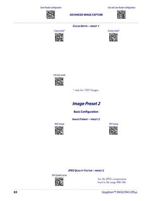 Enter Reader Configuration                                                                       Exit and Save Reader Configuration
            AMHKGMHOFNGNENEIEPANHOGOCK                                                                                          AMHKCMHOFNGNENEIEPANHOGOCK
            AHPNIBAMDKEOFMHMLJALFCAFIK                                                                                          AHPNIBAMDKEOFMHMLJALFEGFIK
            AKCBPJCJGIIJCMCEGOODCCEDJK                                                                                          AKCBPJCJGIIJCMCEGLJKNEBJLK
            AEFBJLBGMHPLNPGLABJHFIAEGK
            AAPHBAJICCBGBIAFNLNLLAINDK
                                                                    ADVANCED IMAGE CAPTURE                                      AEFBJLBGMHPLMIFPAFAIIBNHGK
                                                                                                                                AAPHBAJIDGDHOJDKAICECIENBK
            AFLFBPPCOIHKILNFFOCKOLJILK                                                                                          AGLFBOMJMHLIGBPCKIGAGOEKLK
            DLDDLDDLDDLLLLLDDDLDDLDLLL                                                                                           DDLDLDDLLLDLLLLDDDDDDLDLDL




                                                                      COLOR DEPTH – PRESET 1
                                  2 Grey Levels*                                                      16 Grey Levels*
                                     APCNCOHODNGNENEIEPANHOGOCK                                         APCNCOHODNGNENEIEPANHOGOCK
                                     AHHPMJAMDKEOFMHMLJAKEDCFIK                                         AHHPMBIMDKEOFMHMLJAKEFAGIK
                                     AKCBPJCJGIIJCMCEGLLFECGHJK                                         AKCBPJCJGIIJCMCEHKIJONNJPK
                                     AEFBJLBGMHPKNJEKPNMJGHNGGK                                         AEFBJLBGMHPKNODOAILFMBGHGK
                                     AAPHBAJJDFABOEMAFLAAIJDPDK                                         AAPHBAJJCGEGLNGPLGEMOBFNFK
                                     AHKFAJMLEAHCIHPPHIMCIFEILK                                         AGKFAMNCIGEECNLKNNLOAMDJJK
                                      DDDLLLLDDDDLLLLDLDLDDLDLDL                                        DDDLLLLDDDDLLLLDDDLDDLDLDL




                                256 Grey Levels
                                     APCNCOHODNGNENEIEPANHOGOCK
                                     AHHPMBAMDKEOFMHMLJALFAAEIK
                                     AKCBPJCJGIIJCMCFGMMCGPCLLK
                                     AEFBJLBGMHPLMOEKNKCNINPFGK
                                     AAPHBAJIDCAOLIINOJFNAIKDBK
                                     AFKFAPLBNPHEEAPCAKNOEJMJIK
                                      DDDLLLLDDDDLLLLDLDLDDLDLDL


                                                                       * only for TIFF Images.




                                                                      Image Preset 2
                                                                       Basic Configuration

                                                                      IMAGE FORMAT – PRESET 2
                                    JPEG Format                                                        TIFF Format
                                     APCNCKHMHNGNENEIEPANHOGOCK                                         APCNCKHMHNGNENEIEPANHOGOCK
                                     AHHPMBIMDKEOFMHMLJALEBEFIK                                         AHHPMBAMDKEOFMHMLJAKFEEHIK
                                     AKCBPJCJGIIJCMCFGILJBIOPNK                                         AKCBPJCJGIIJCMCEHOPCJKBNJK
                                     AEFBJLBGMHPLMKCGHAAHKHEHGK                                         AEFBJLBGMHPKNKFCKCJPOLNFGK
                                     AAPHBAJJDHECICEMMLNDPHNJDK                                         AAPHBAJICDAKIHKOJEMCBOCHHK
                                     AGLFAOJBACJKKNDNJFMKKKPLJK                                         AFLFANPCFLKKMAHFECKKOPALIK
                                      DDLLLLLDDDDLLLLDLDDDDLDLDL                                        DDLLLLLDDDDLLLLDDDDDDLDLDL




                                                                   JPEG QUALITY FACTOR – PRESET 2
                            JPEG Quality Factor
                                     APCNBLFOHNGNENEIEPANHOGOCK
                                     AHPNIJAMDKEOFMHMLJAKEEAFIK                              Set the JPEG compression
                                     AKCBPJCJGIIJCMCEHLPLLPFHLK
                                     AEFBJLBGMHPLNMCAFNDPCLOFGK
                                     AAPHBAJICDGFKABJCPJMJOGJDK
                                                                                             level in the range 000-100.
                                     AHKFAKNLJPGAABJBBIFIGOKKKK
                                      DDDLLLLDLDDLLLLDDLDDDLDLDL




83                                                                                               Gryphon™ D432/D412Plus
 