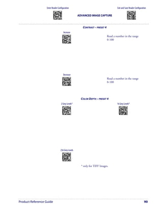 Enter Reader Configuration                                                                          Exit and Save Reader Configuration
                          AMHKGMHOFNGNENEIEPANHOGOCK                                                                                            AMHKCMHOFNGNENEIEPANHOGOCK
                          AHPNIBAMDKEOFMHMLJALFCAFIK                                                                                            AHPNIBAMDKEOFMHMLJALFEGFIK
                          AKCBPJCJGIIJCMCEGOODCCEDJK                                                                                            AKCBPJCJGIIJCMCEGLJKNEBJLK
                          AEFBJLBGMHPLNPGLABJHFIAEGK
                          AAPHBAJICCBGBIAFNLNLLAINDK
                                                                                     ADVANCED IMAGE CAPTURE                                     AEFBJLBGMHPLMIFPAFAIIBNHGK
                                                                                                                                                AAPHBAJIDGDHOJDKAICECIENBK
                          AFLFBPPCOIHKILNFFOCKOLJILK                                                                                            AGLFBOMJMHLIGBPCKIGAGOEKLK
                          DLDDLDDLDDLLLLLDDDLDDLDLLL                                                                                            DDLDLDDLLLDLLLLDDDDDDLDLDL




                                                                                        CONTRAST – PRESET 4
                                                          Increase
                                                       APCJGKHKFNGNENEIEPANHOGOCK
                                                       AFPFKJAMDKEOFMHMLJAKECGELK                             Read a number in the range 
                                                       ALHCPJCJGIIJCMCFHJPPPNOFEK
                                                       AMFBJLBGMHPKMIHJELLLCANJKK
                                                       AAPHBAJIDACCLEJOPMGKLKKDDK
                                                                                                              0-100
                                                       AEKFAKIKKPEKEADPDOHOMIFIIK
                                                        DLLLLLLDLDDLLLLDLDDDDLDLDL




                                                         Decrease
                                                       APCJGKHKFNGNENEIEPANHOGOCK
                                                       AFPFKBIMDKEOFMHMLJAKEEEHLK                             Read a number in the range 
                                                       ALHCPJCJGIIJCMCFGIMDFCFLCK
                                                       AMFBJLBGMHPKMPANLOMHIGGIKK
                                                       AAPHBAJICDGFONDBBBCGNCMBFK
                                                                                                              0-100
                                                       AFKFAPJDGJHMOKHKJLACEBCJKK
                                                        DLLLLLLDLDDLLLLDDDDDDLDLDL




                                                                                       COLOR DEPTH – PRESET 4
                                                2 Grey Levels*                                                        16 Grey Levels*
                                                       APCJGKHODNGNENEIEPANHOGOCK                                       APCJGKHODNGNENEIEPANHOGOCK
                                                       AHHPMJAMDKEOFMHMLJALFCGEIK                                       AHHPMBIMDKEOFMHMLJALFEEHIK
                                                       AKCBPJCJGIIJCMCFGNLGLJHFJK                                       AKCBPJCJGIIJCMCFHMIKBGMLPK
                                                       AEFBJLBGMHPLMOEIBBKLLFBGGK                                       AEFBJLBGMHPLMJDMOENHBDKHGK
                                                       AAPHBAJJDFEFBJGJLBIGHPCPHK                                       AAPHBAJJCGACEAMGFMMKBHENBK
                                                       AFKFAPOJPMGEKDLGEGHEKNOKLK                                       AEKFAKPADKFCAJPDODAICEJLJK
                                                        DDDLLLLDDDLLLLLDLDLDDLDLLL                                      DDDLLLLDDDLLLLLDDDLDDLDLLL




                                               256 Grey Levels
                                                       APCJGKHODNGNENEIEPANHOGOCK
                                                       AHHPMBAMDKEOFMHMLJAKEBEFIK
                                                       AKCBPJCJGIIJCMCEGKMBJEDJLK
                                                       AEFBJLBGMHPKNJEIDGEPFPDFGK
                                                       AAPHBAJIDCEKEFCEADNLPOLDFK
                                                       AHKFAJJDGDGCGELLDEGIGBGLIK
                                                        DDDLLLLDDDLLLLLDLDLDDLDLLL


                                                                                       * only for TIFF Images.




Product Reference Guide                                                                                                                                                      90
 