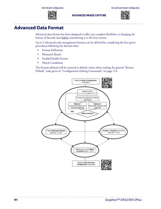 Enter Reader Configuration                                                                                Exit and Save Reader Configuration
                    AMHKGMHOFNGNENEIEPANHOGOCK                                                                                    AMHKCMHOFNGNENEIEPANHOGOCK
                    AHPNIBAMDKEOFMHMLJALFCAFIK                                                                                    AHPNIBAMDKEOFMHMLJALFEGFIK
                    AKCBPJCJGIIJCMCEGOODCCEDJK                                                                                    AKCBPJCJGIIJCMCEGLJKNEBJLK
                    AEFBJLBGMHPLNPGLABJHFIAEGK
                    AAPHBAJICCBGBIAFNLNLLAINDK
                                                     ADVANCED IMAGE CAPTURE                                                       AEFBJLBGMHPLMIFPAFAIIBNHGK
                                                                                                                                  AAPHBAJIDGDHOJDKAICECIENBK
                    AFLFBPPCOIHKILNFFOCKOLJILK                                                                                    AGLFBOMJMHLIGBPCKIGAGOEKLK
                    DLDDLDDLDDLLLLLDDDLDDLDLLL                                                                                     DDLDLDDLLLDLLLLDDDDDDLDLDL




Advanced Data Format
        Advanced data format has been designed to offer you complete flexibility in changing the
        format of barcode data before transmitting it to the host system.
        Up to 5 advanced code management formats can be defined by completing the four given
        procedures following the desired order:
         • Format Definition
         • Mismatch Result
         • Enable/Disable Format
         • Match Conditions
        The formats defined will be restored to default values when reading the general "Restore
        Default" code given in "Configuration Editing Commands" on page 114.

                                                                                               AMHKHPEMDNGNENEIEPANHOGOCK
                                                         Read the Enter Configuration          AHHPMBAMDKEOFMHMLJAKECFEIK
                                                                  Command                      AKCBPJCJGIIJCMCEGLLJGOFLPK
                                                                                               AEFBJLBGMHPLMOFLCOIFHHOHGK
                                                                                               AAPHBAJJDGFPAKHBBIFEKNCFFK
                                                                                               AEKFBMPJNBJIONFLOAAKACLIIK
                                                                                               DLLDLDLLDLLLLLLDDLLDDLDLLL
                                                                    Define Format
                                                             1, 2, 3, 4, or 5 (par. 2.14.1)

                                                           Choose the method and define
                                                                    the format

                                                        Method 1                    Method 2
                                                 Extract information from     Manipulate barcode data
                                                   barcode (page 89)                (page 94)

                                                   YES
                                                                   Define another?




                   Define Mismatch Result                                                         Enable or Disable the Format
                       (see par. 2.14.4)                                                                (see par. 2.14.3)




                                                          Define one or more Match
                                                           Conditions (par. 2.14.2)




                                                                                              AMHKDPEMDNGNENEIEPANHOGOCK
                                                             Read the Exit and save           AHHPMBAMDKEOFMHMLJAKEEDEIK
                                                            Configuration Command             AKCBPJCJGIIJCMCEGOMAJIABNK
                                                                                              AEFBJLBGMHPLNJGPCKBKKODEGK
                                                                                              AAPHBAJJCCHOPLEOMLKLDFOFHK
                                                                                              AHKFBNMCPOFKAHHMBGEAIHGKIK
                                                                                              DDDDLDLLLDDLLLLDDLDDDLDLDL




91                                                                                                     Gryphon™ D432/D412Plus
 