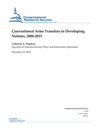 Conventional Arms Transfers to Developing
Nations, 2008-2015
Catherine A. Theohary
Specialist in National Security Policy and Information Operations
December 19, 2016
Congressional Research Service
7-5700
www.crs.gov
R44716
 