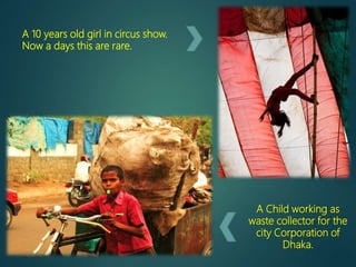 A 10 years old girl in circus show.
Now a days this are rare.
A Child working as
waste collector for the
city Corporation of
Dhaka.
 