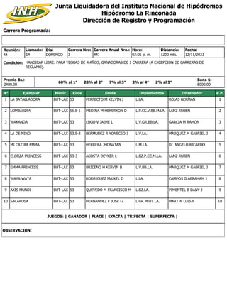 Carrera Programada:
Junta Liquidadora del Instituto Nacional de Hipódromos
Hipódromo La Rinconada
Dirección de Registro y ...