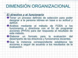 DIMENSIÓN ORGANIZACIONAL
El directivo y el funcionario
  Tener un proceso definido de selección para poder
  designar a la persona idónea en base a su actitud y
  aptitud.
  Análisis mediante el método de FODA a los
  funcionarios y directivos con el fin de programar
  acciones (PHVA) para dar respuesta al resultado de
  este método.
  Elaborar un formato para la evaluación del
  desempeño de los directivos y funcionarios docentes.
  Que la instancia correspondiente establezca las
  acciones a seguir de acuerdo a los resultados de la
  evaluación.
 