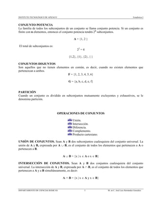 INSTITUTO TECNOLÓGICO DE APIZACO Estadística I
DEPARTAMENTO DE CIENCIAS BÁSICAS 3 M. en C. José Luis Hernández González
CONJUNTO POTENCIA
La familia de todos los subconjuntos de un conjunto se llama conjunto potencia. Si un conjunto es
finito con n elementos, entonces el conjunto potencia tendrá 2n
subconjuntos.
A = {1, 2 }
El total de subconjuntos es:
22
= 4
{1,2}, {1}, {2}, { }
CONJUNTOS DISJUNTOS
Son aquellos que no tienen elementos en común, es decir, cuando no existen elementos que
pertenezcan a ambos.
F = {1, 2, 3, 4, 5, 6}
G = {a, b, c, d, e, f}
PARTICIÓN
Cuando un conjunto es dividido en subconjuntos mutuamente excluyentes y exhaustivos, se le
denomina partición.
OPERACIONES DE CONJUNTOS
Unión.
Intersección.
Diferencia.
Complemento.
Producto cartesiano.
UNIÓN DE CONJUNTOS. Sean A y B dos subconjuntos cualesquiera del conjunto universal. La
unión de A y B, expresada por A ∪ B, es el conjunto de todos los elementos que pertenecen a A o
pertenecen a B.
A ∪ B = {x | x ∈ A o x ∈ B}
INTERSECCIÓN DE CONJUNTOS. Sean A y B dos conjuntos cualesquiera del conjunto
universal. La intersección de A y B, expresada por A ∩ B, es el conjunto de todos los elementos que
pertenecen a A y a B simultáneamente, es decir:
A ∩ B = {x | x ∈ A y x ∈ B}
 