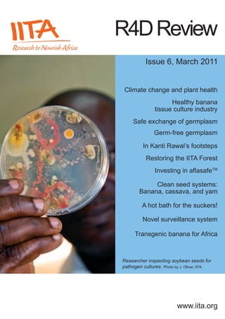 R4D Review
           Issue 6, March 2011


 Climate change and plant health
                      Healthy banana
                tissue culture industry
     Safe exchange of germplasm
               Germ-free germplasm

          In Kanti Rawal’s footsteps
           Restoring the IITA Forest
                Investing in aflasafeTM

             Clean seed systems:
        Banana, cassava, and yam

         A hot bath for the suckers!

         Novel surveillance system

      Transgenic banana for Africa



Researcher inspecting soybean seeds for
pathogen cultures. Photo by J. Oliver, IITA.




                           www.iita.org
 