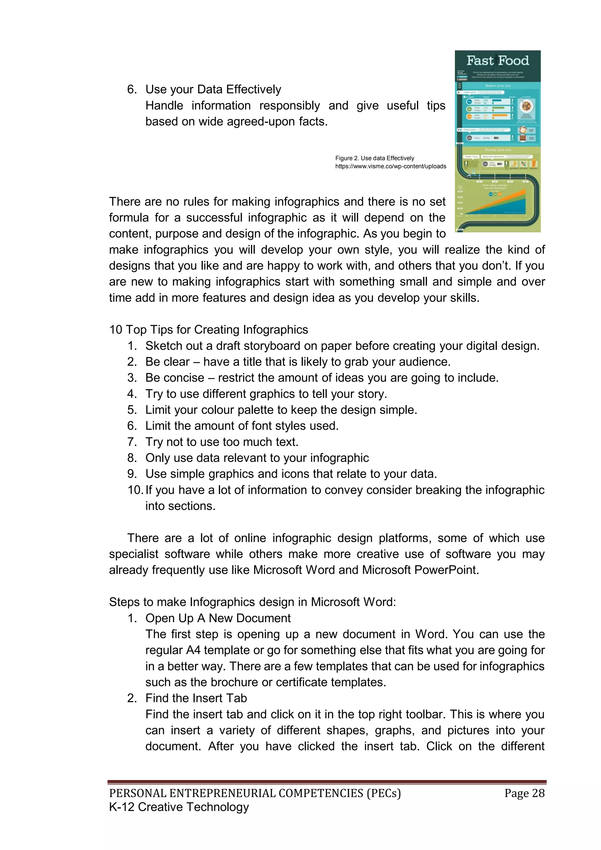 PERSONAL ENTREPRENEURIAL COMPETENCIES (PECs) Page 28
K-12 Creative Technology
6. Use your Data Effectively
Handle information responsibly and give useful tips
based on wide agreed-upon facts.
There are no rules for making infographics and there is no set
formula for a successful infographic as it will depend on the
content, purpose and design of the infographic. As you begin to
make infographics you will develop your own style, you will realize the kind of
designs that you like and are happy to work with, and others that you don’t. If you
are new to making infographics start with something small and simple and over
time add in more features and design idea as you develop your skills.
10 Top Tips for Creating Infographics
1. Sketch out a draft storyboard on paper before creating your digital design.
2. Be clear – have a title that is likely to grab your audience.
3. Be concise – restrict the amount of ideas you are going to include.
4. Try to use different graphics to tell your story.
5. Limit your colour palette to keep the design simple.
6. Limit the amount of font styles used.
7. Try not to use too much text.
8. Only use data relevant to your infographic
9. Use simple graphics and icons that relate to your data.
10.If you have a lot of information to convey consider breaking the infographic
into sections.
There are a lot of online infographic design platforms, some of which use
specialist software while others make more creative use of software you may
already frequently use like Microsoft Word and Microsoft PowerPoint.
Steps to make Infographics design in Microsoft Word:
1. Open Up A New Document
The first step is opening up a new document in Word. You can use the
regular A4 template or go for something else that fits what you are going for
in a better way. There are a few templates that can be used for infographics
such as the brochure or certificate templates.
2. Find the Insert Tab
Find the insert tab and click on it in the top right toolbar. This is where you
can insert a variety of different shapes, graphs, and pictures into your
document. After you have clicked the insert tab. Click on the different
Figure 2. Use data Effectively
https://www.visme.co/wp-content/uploads
 