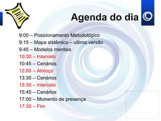 Agenda do dia
9:00 – Posicionamento Metodológico
9:15 – Mapa sistêmico – ultima versão
9:45 – Modelos mentais
10:30 – Intervalo
10:45 – Cenários
12:00 – Almoço
13:30 – Cenários
15:30 – Intervalo
15:45 – Cenários
17:00 – Momento de presença
17:30 – Fim
 