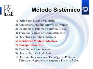 Método Sistêmico
1) Definir um Desafio Visionário
2) Apresentar a História Através de Eventos
3) Identificar os Fatores e Variáveis Chave
4) Traçar os Padrões de Comportamento
5) Desenhar a Estrutura Sistêmica
6) Identificar Modelos Mentais
7) Planejar Cenários
8) Modelar em Computador
9) Desenvolver Visão de Futuro
10) Definir Direcionadores Estratégicos, Políticas e
Diretrizes, Reprojetar o Sistema e Planejar Ações
 