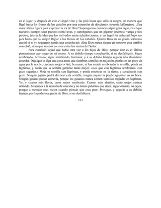en el lagar, y después de esto el ángel vino y las pisó hasta que salió la sangre, de manera que
llegó hasta los frenos de los caballos por una extensión de doscientos noventa kilómetros. ¡Una
maravillosa figura para expresar la ira de Dios! Supongamos entonces algún gran lagar, en el que
nuestros cuerpos sean puestos como uvas, y supongamos que un gigante poderoso venga y nos
pisotee, ésta es la idea que los malvados serán echados juntos, y un ángel los aplastará bajo sus
pies hasta que la sangre llegue a los frenos de los caballos. Quiera Dios en su gracia soberana
que ni tú ni yo seguemos jamás una cosecha así: ¡Que Dios nunca siegue en nosotros esta terrible
cosecha!, si no que seamos escritos entre los santos del Señor.
Para concluir, dejad que hable otra vez a los hijos de Dios; porque éste es el último
pensamiento que tengo en mi mente. A su debido tiempo cosecharéis, si no desfallecéis. Sigue
sembrando, hermano; sigue sembrando, hermana; y a su debido tiempo segarás una abundante
cosecha. Deja que te diga una cosa antes que siembres semillas en tu jardín, ponlas en un poco de
agua por la noche; crecerán mejor.» Así, hermano, si has estado sembrando tu semilla, ponla en
lágrimas, y harán que la semilla germine tanto mejor. «Los que con lágrimas sembraron, con
gozo segarán.» Moja tu semilla con lágrimas, y ponla entonces en la tierra, y cosecharás con
gozo. Ningún pájaro podrá devorar esta semilla; ningún pájaro la puede aguantar en su boca.
Ningún gusano puede comerla, porque los gusanos nunca comen semillas mojadas en lágrimas.
Ve, y cuanto más llores, tanto mejor sembrarás. Cuanto más abatido, tanto mejor estarás
obrando. Si acudes a la reunión de oración y no tienes palabras que decir, sigue orando, no cejes,
porque a menudo oras mejor cuando piensas que oras peor. Prosigue, y segarás a su debido
tiempo, por la poderosa gracia de Dios, si no desfalleces.
***
 
