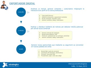 LinkedIn
Analitzar el mercat, generar contactes i subscriptors mitjançant la
interacció d’un perfil en la xarxa professional
• Crear perfil Premium
• Anàlisis de Keywords y segmentació contactes
• Pla de continguts, activitats, grups
• Generar contactes, diàleg i subscriptors
Publicar y distribuir butlletins de noticies per detectar interès potencial
per activar acció comercial
Generar noves oportunitats que mediante su seguiment se conviertan
en nuevos pedidos de venta
e-News
Leads
• Generar protocols de continguts
• Revisió eines eMailing i CRM
• Producció i publicació de nou contingut, sectoritzat
• Generar contactes, diàleg i subscriptors
• Revisió Web i punts de conversió
• Coordinació off (Venedors, distribuïdors)
• Formació i document FAQ
• Procediments, àgils i amb valor afegit
EXPORTADOR DIGITAL
#DesayunosXtrategicos
Valls, 13 Març 2015
 