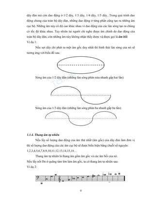 9
dây đàn mà còn dao động ở 1/2 dây, 1/3 dây, 1/4 dây, 1/5 dây...Trong quá trình dao
động chung của toàn bộ dây đàn, những dao động ở từng phần cũng tạo ra những âm
cục bộ. Những âm này có độ cao khác nhau vì dao động của các làn sóng tạo ra chúng
có tốc độ khác nhau. Tuy nhiên tai người chỉ nghe được âm chính do dao động của
toàn bộ dây đàn, còn những âm này không nhận thấy được và được gọi là âm bồi.
Ví dụ 1:
Nếu sợi dây chỉ phát ra một âm gốc duy nhất thì hình thái làn sóng của nó sẽ
tương ứng với biểu đồ sau:
Sóng âm của 1/2 dây đàn (những làn sóng phân nửa nhanh gấp hai lần):
Sóng âm của 1/3 dây đàn (những làn sóng phân ba nhanh gấp ba lần):
1.1.4. Thang âm tự nhiên
Nếu lấy số lượng dao động của âm thứ nhất (âm gốc) của dây đàn làm đơn vị
thì số lượng dao động của các âm cục bộ sẽ được biểu hiện bằng chuỗi số nguyên:
1,2,3,4,5,6,7,8,9,10,11,12,13,14,15,16…
Thang âm tự nhiên là thang âm gồm âm gốc và các âm bồi của nó.
Nếu lấy nốt Do ở quãng tám lớn làm âm gốc, ta có thang âm tự nhiên sau:
Ví dụ 2:
 