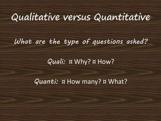 What are the type of questions asked? 
Quali: ¤ Why? ¤ How? 
Quanti: ¤ How many? ¤ What? 
 