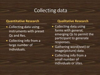 Quantitative Research Qualitative Research 
 Collecting data using 
instruments with preset 
Qs and Res. 
 Collecting info from a 
large number of 
individuals. 
 Collecting data using 
forms with general, 
emerging Qs to permit the 
participant to generate 
responses. 
 Gathering word(text) or 
image(picture) data. 
 Collecting info from a 
small number of 
individuals or sites. 
 