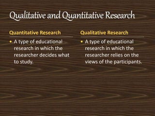 Quantitative Research Qualitative Research 
 A type of educational 
research in which the 
researcher decides what 
to study. 
 A type of educational 
research in which the 
researcher relies on the 
views of the participants. 
 
