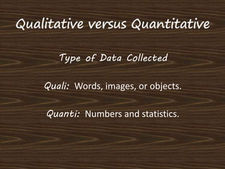 Type of Data Collected 
Quali: Words, images, or objects. 
Quanti: Numbers and statistics. 
 